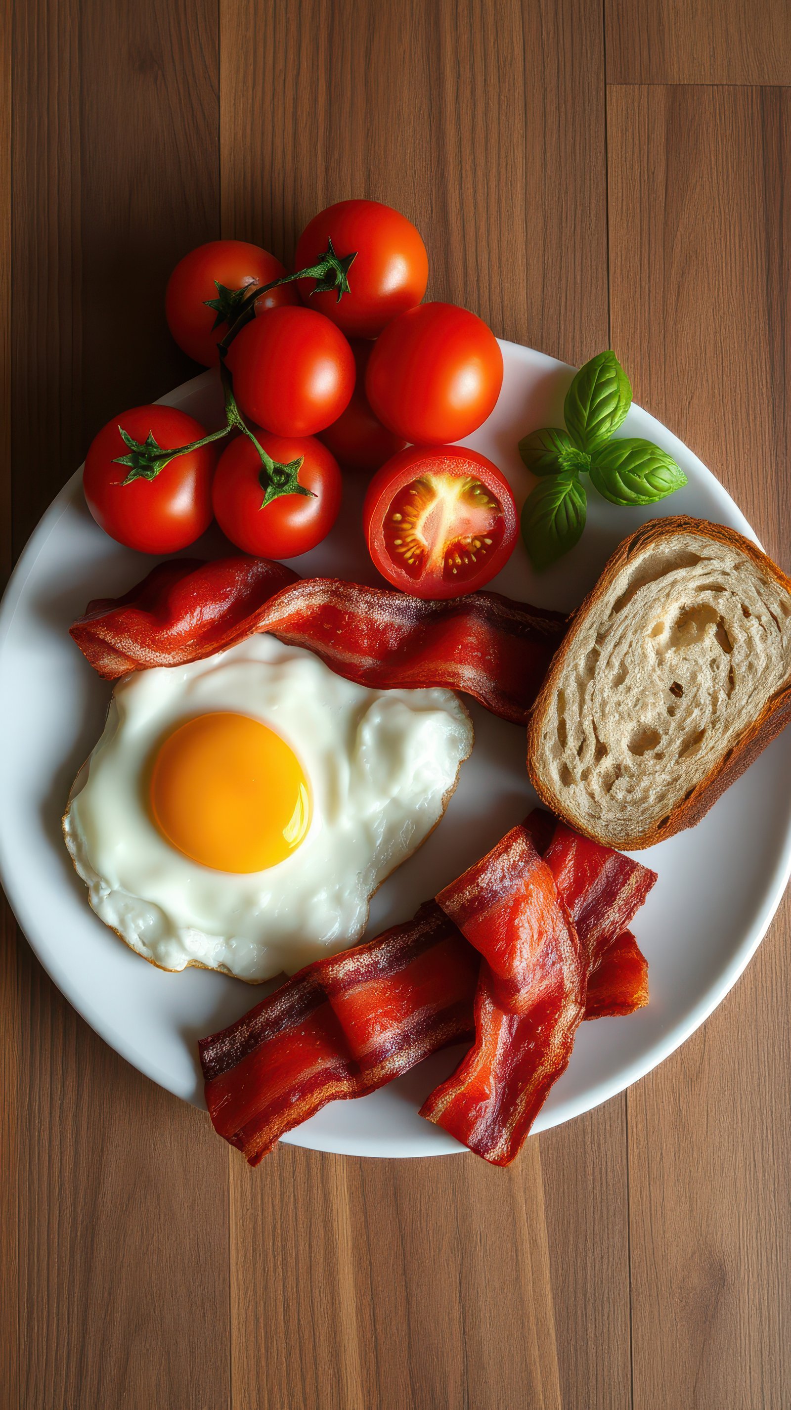 Breakfast plate with fried egg, crispy bacon, fresh tomatoes, and toasted bread on wooden table